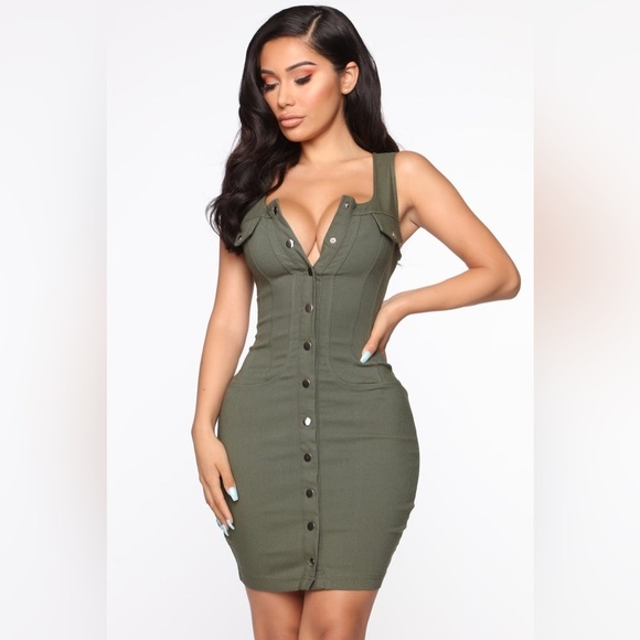 Fashion Nova Rollin With My Friends Twill Mini Olive Dress Size L - Picture 3 of 14